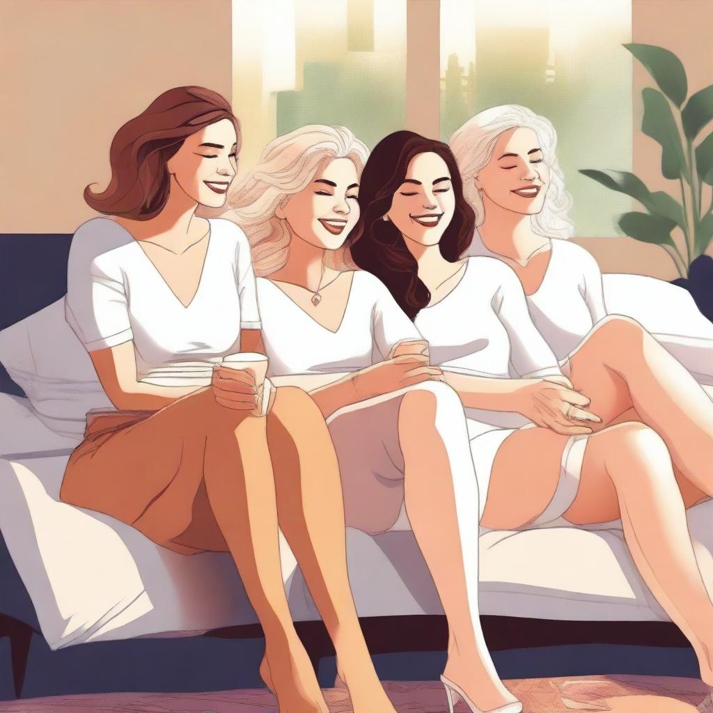 A high-quality digital art depicting three white women in casual attire, lounging on a bed