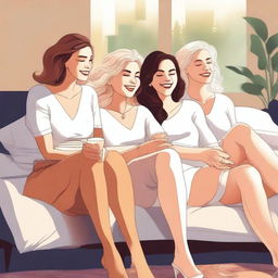 A high-quality digital art depicting three white women in casual attire, lounging on a bed