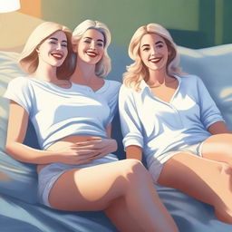 A high-quality digital art depicting three white women in casual attire, lounging on a bed