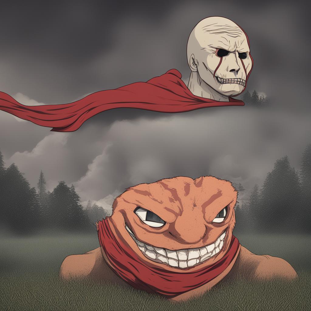 A high-quality digital art image depicting a fusion of the Colossal Titan from 'Attack on Titan' and the meme character, Wojak