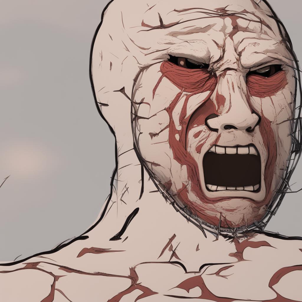 A high-quality digital art image depicting a fusion of the Colossal Titan from 'Attack on Titan' and the meme character, Wojak