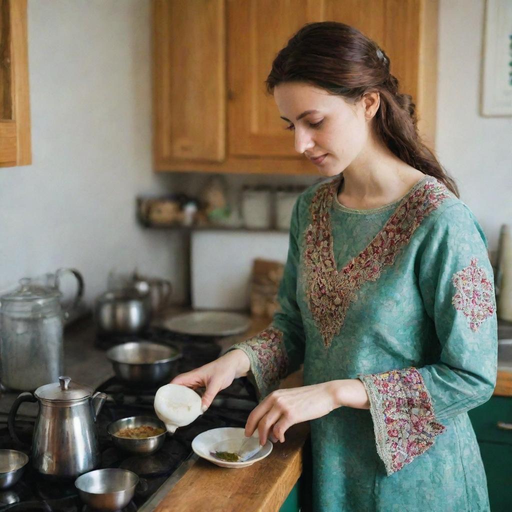 A radiant 20-year-old Caucasian woman in the UK, wearing a traditional Pakistani dress, masterfully preparing Pakistani tea in a kitchen. The intricately patterned dress, tea ingredients, and her concentration form an intriguing contrast.