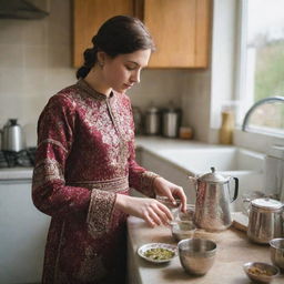 A radiant 20-year-old Caucasian woman in the UK, wearing a traditional Pakistani dress, masterfully preparing Pakistani tea in a kitchen. The intricately patterned dress, tea ingredients, and her concentration form an intriguing contrast.