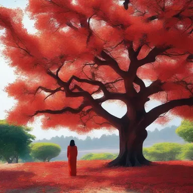 In the novel, the protagonist stands under the shade of a palas tree, mesmerized by its vibrant vermilion blooms.