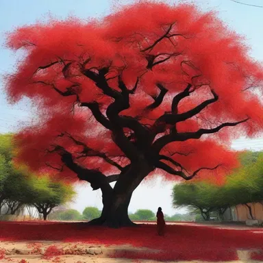 In the novel, the protagonist stands under the shade of a palas tree, mesmerized by its vibrant vermilion blooms.