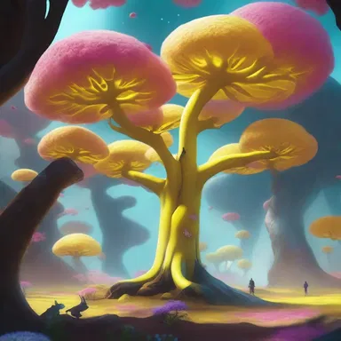 In the distant planet they landed on, the explorers come across a species of alien trees with palas-like flowers that emit a glowing yellow dye.