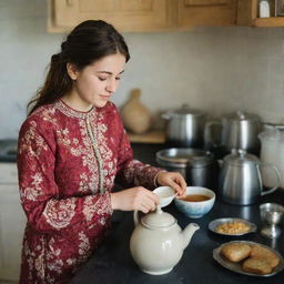 A radiant 20-year-old Caucasian woman in the UK, wearing a traditional Pakistani dress, masterfully preparing Pakistani tea in a kitchen. The intricately patterned dress, tea ingredients, and her concentration form an intriguing contrast.