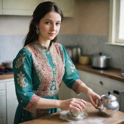 A radiant 20-year-old Caucasian woman in the UK, wearing a traditional Pakistani dress, masterfully preparing Pakistani tea in a kitchen. The intricately patterned dress, tea ingredients, and her concentration form an intriguing contrast.