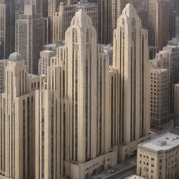A city landscape showcasing the distinct style of art deco architecture with towering buildings and intricate details