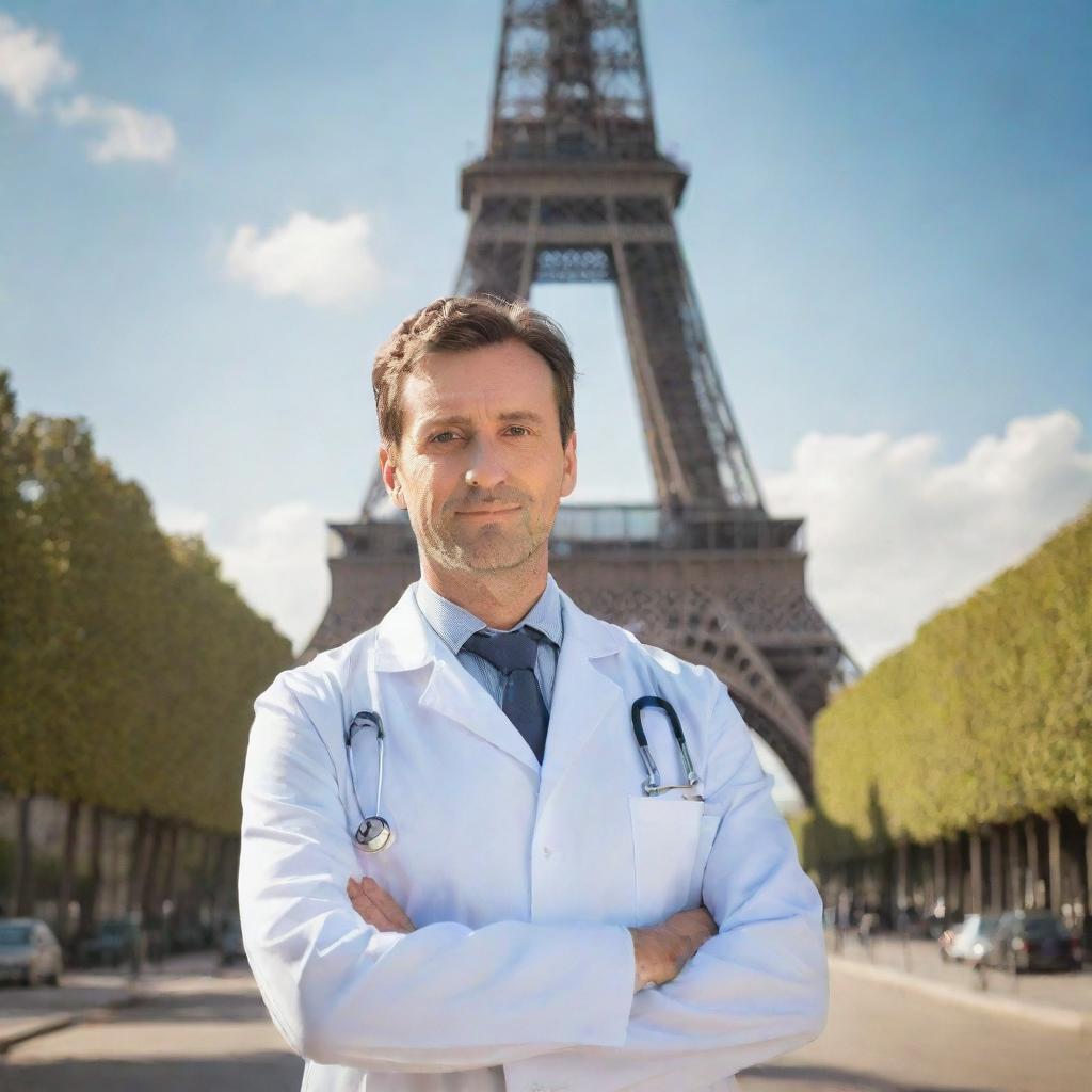 A professional doctor standing confidently in front of the entire Eiffel Tower on a sunny day in Paris.