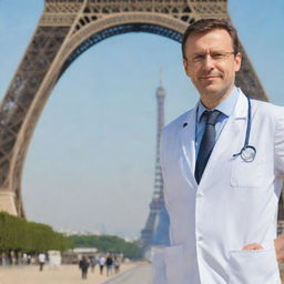 A professional doctor standing confidently in front of the entire Eiffel Tower on a sunny day in Paris.