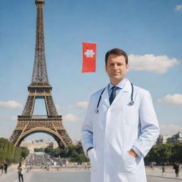 A professional doctor standing confidently in front of the entire Eiffel Tower on a sunny day in Paris.