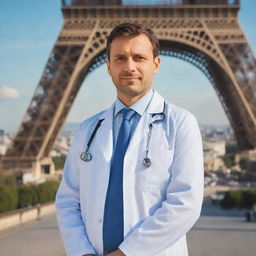 A professional doctor standing confidently in front of the entire Eiffel Tower on a sunny day in Paris.