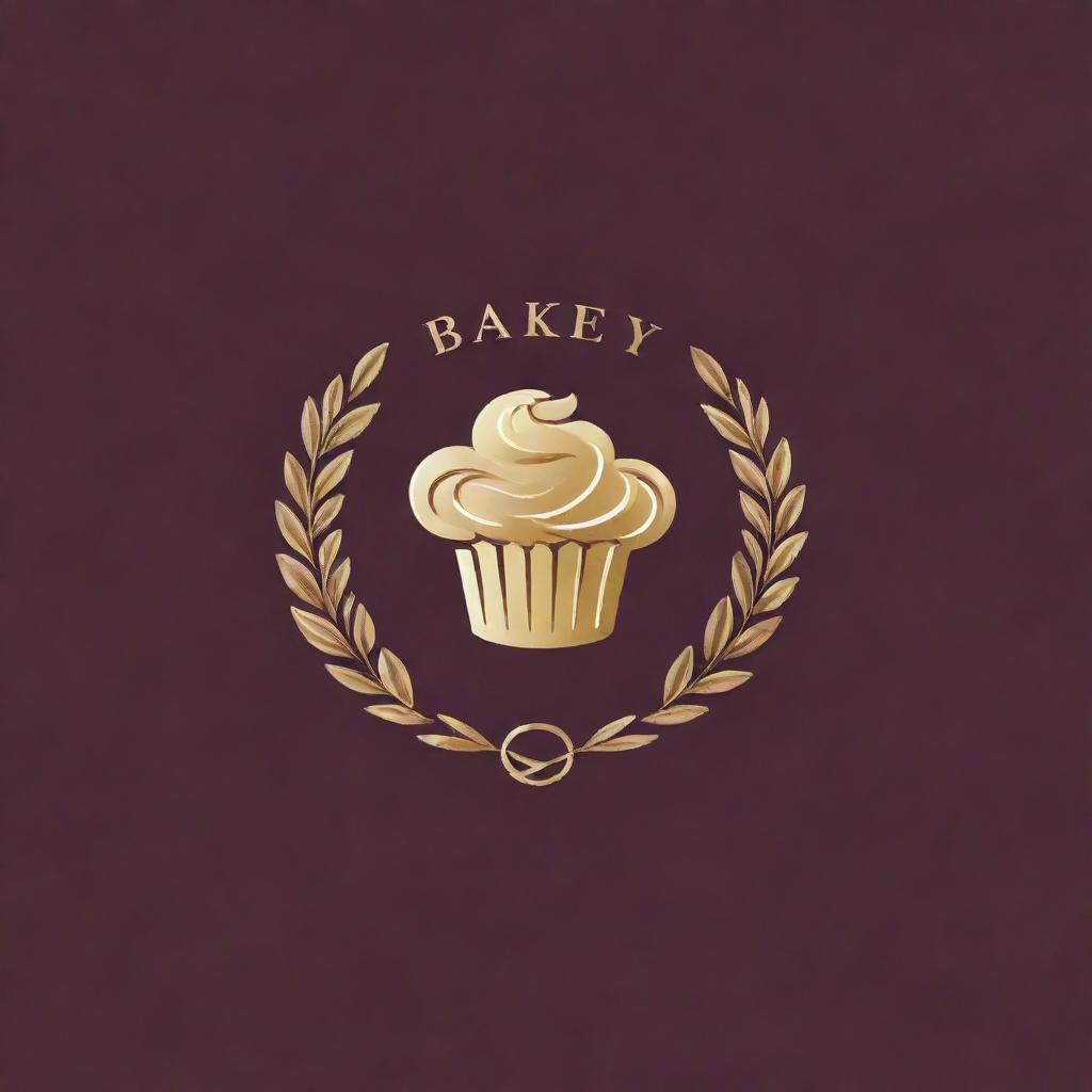 Generate a bakery and pastry brand logo with gold elements. Place the logo on a rich burgundy or deep navy blue background for a sophisticated and luxurious look.