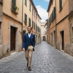 A well-dressed man casually strolling through the cobblestone streets of a quaint Italian village with ancient buildings in the background.