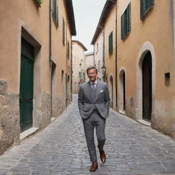 A well-dressed man casually strolling through the cobblestone streets of a quaint Italian village with ancient buildings in the background.