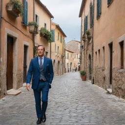 A well-dressed man casually strolling through the cobblestone streets of a quaint Italian village with ancient buildings in the background.