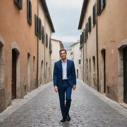 A well-dressed man casually strolling through the cobblestone streets of a quaint Italian village with ancient buildings in the background.