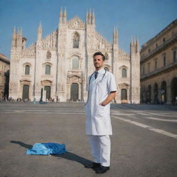 A doctor in his medical attire standing in downtown Milan with an iconic Italian backdrop, his scrub lying on the ground beside him.