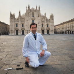 A doctor in his medical attire standing in downtown Milan with an iconic Italian backdrop, his scrub lying on the ground beside him.