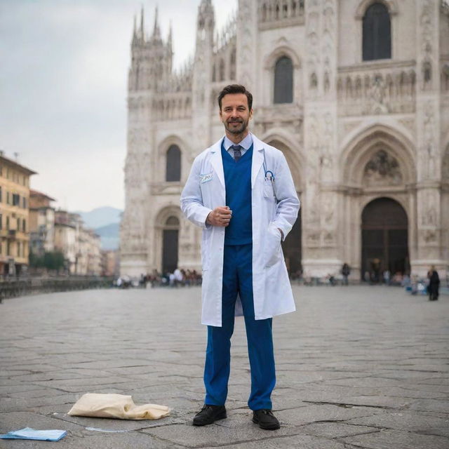 A doctor in his medical attire standing in downtown Milan with an iconic Italian backdrop, his scrub lying on the ground beside him.