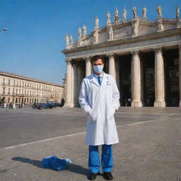 A doctor in his medical attire standing in downtown Milan with an iconic Italian backdrop, his scrub lying on the ground beside him.