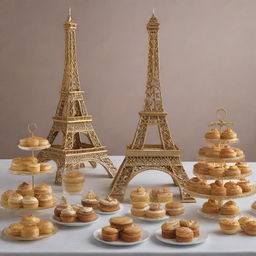 A sophisticated Eiffel Tower outlined in gold, encircled by an array of exquisite pastries, reflecting the luxurious essence of the brand SucréCiel.