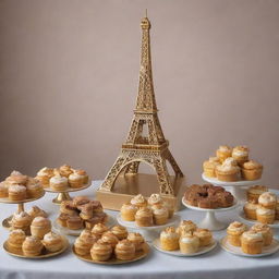 A sophisticated Eiffel Tower outlined in gold, encircled by an array of exquisite pastries, reflecting the luxurious essence of the brand SucréCiel.