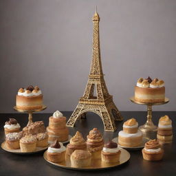 A sophisticated Eiffel Tower outlined in gold, encircled by an array of exquisite pastries, reflecting the luxurious essence of the brand SucréCiel.