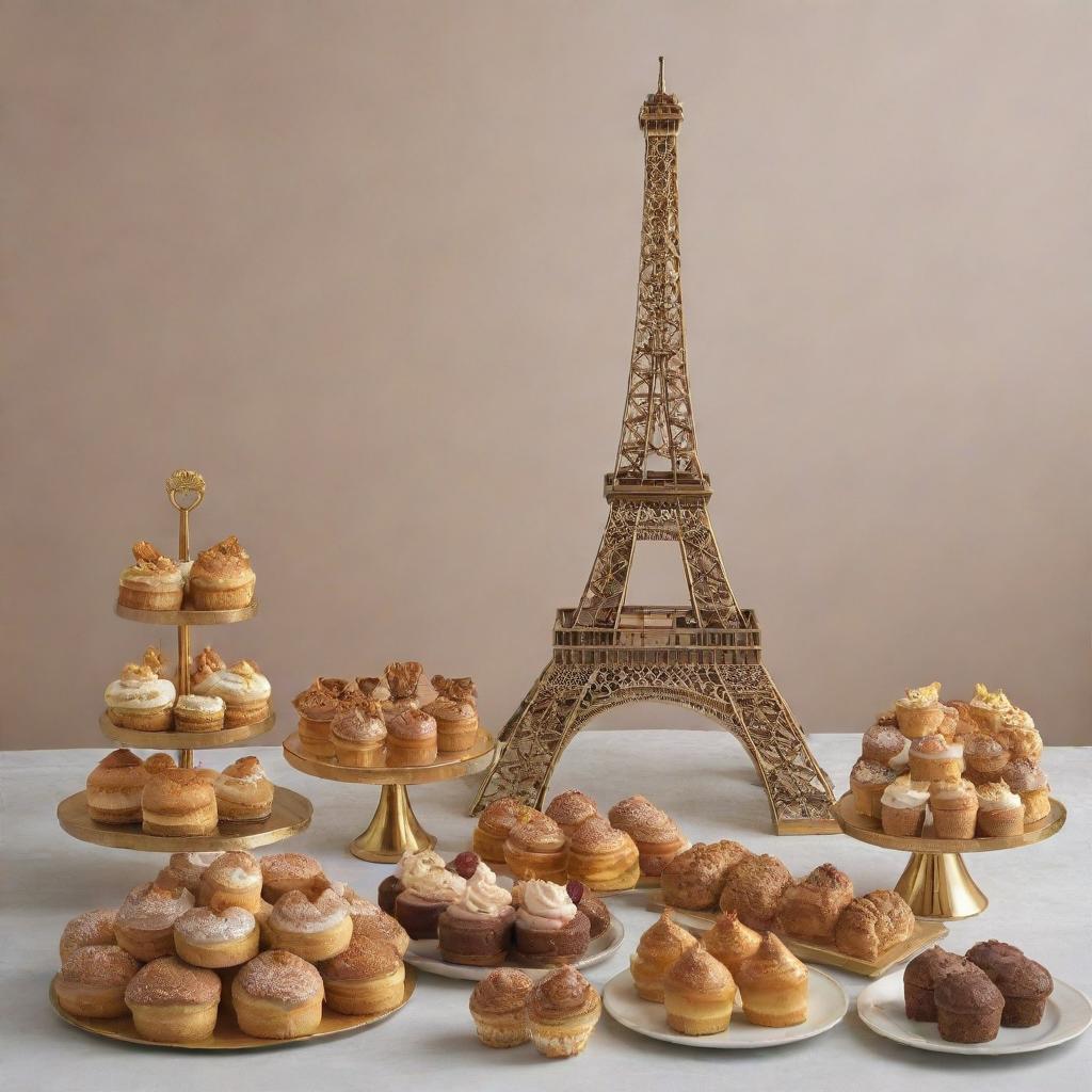 A sophisticated Eiffel Tower outlined in gold, encircled by an array of exquisite pastries, reflecting the luxurious essence of the brand SucréCiel.