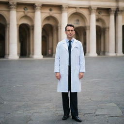 A doctor looking solemn with his lab coat on the ground near his feet, standing in a bustling street of Milan with classical architecture around.