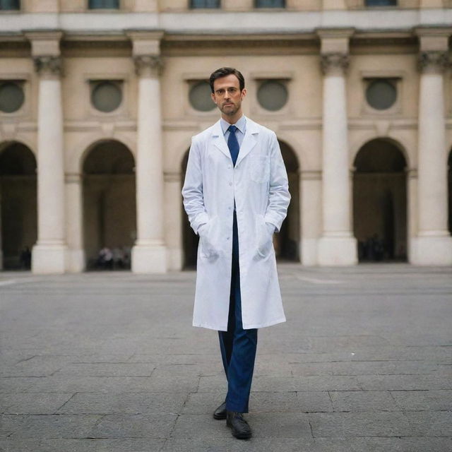 A doctor looking solemn with his lab coat on the ground near his feet, standing in a bustling street of Milan with classical architecture around.