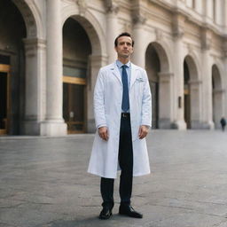 A doctor looking solemn with his lab coat on the ground near his feet, standing in a bustling street of Milan with classical architecture around.