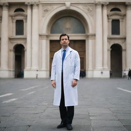 A doctor looking solemn with his lab coat on the ground near his feet, standing in a bustling street of Milan with classical architecture around.