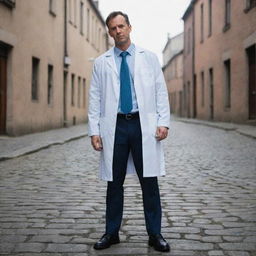 A stressed out doctor standing alone on an empty street with his lab coat dropped on the cobblestone ground beside him.