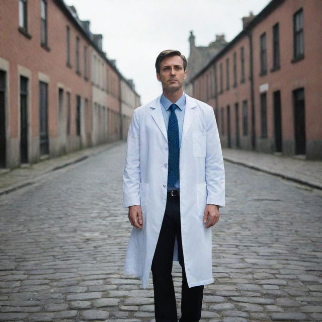 A stressed out doctor standing alone on an empty street with his lab coat dropped on the cobblestone ground beside him.