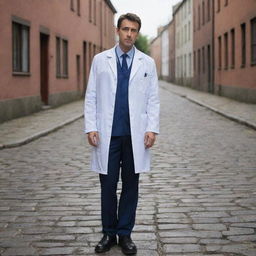 A stressed out doctor standing alone on an empty street with his lab coat dropped on the cobblestone ground beside him.