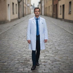 A stressed out doctor standing alone on an empty street with his lab coat dropped on the cobblestone ground beside him.