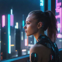 A beautiful, young cyborg girl gazing through a window at the neon cyberpunk city skyline