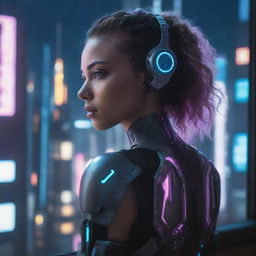 A beautiful, young cyborg girl gazing through a window at the neon cyberpunk city skyline