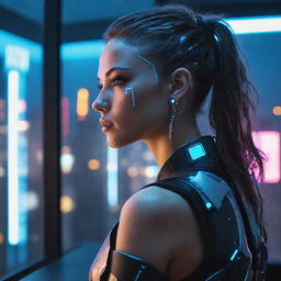 A beautiful, young cyborg girl gazing through a window at the neon cyberpunk city skyline