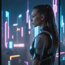 A beautiful, young cyborg girl gazing through a window at the neon cyberpunk city skyline