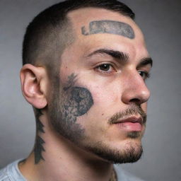 A detailed 30-year-old man's face featuring a meticulously inked tattoo. The tattoo design incorporates representations of military ranks with a hint of artistic flare.