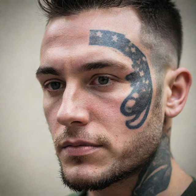 A detailed 30-year-old man's face featuring a meticulously inked tattoo. The tattoo design incorporates representations of military ranks with a hint of artistic flare.