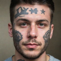 A detailed 30-year-old man's face featuring a meticulously inked tattoo. The tattoo design incorporates representations of military ranks with a hint of artistic flare.