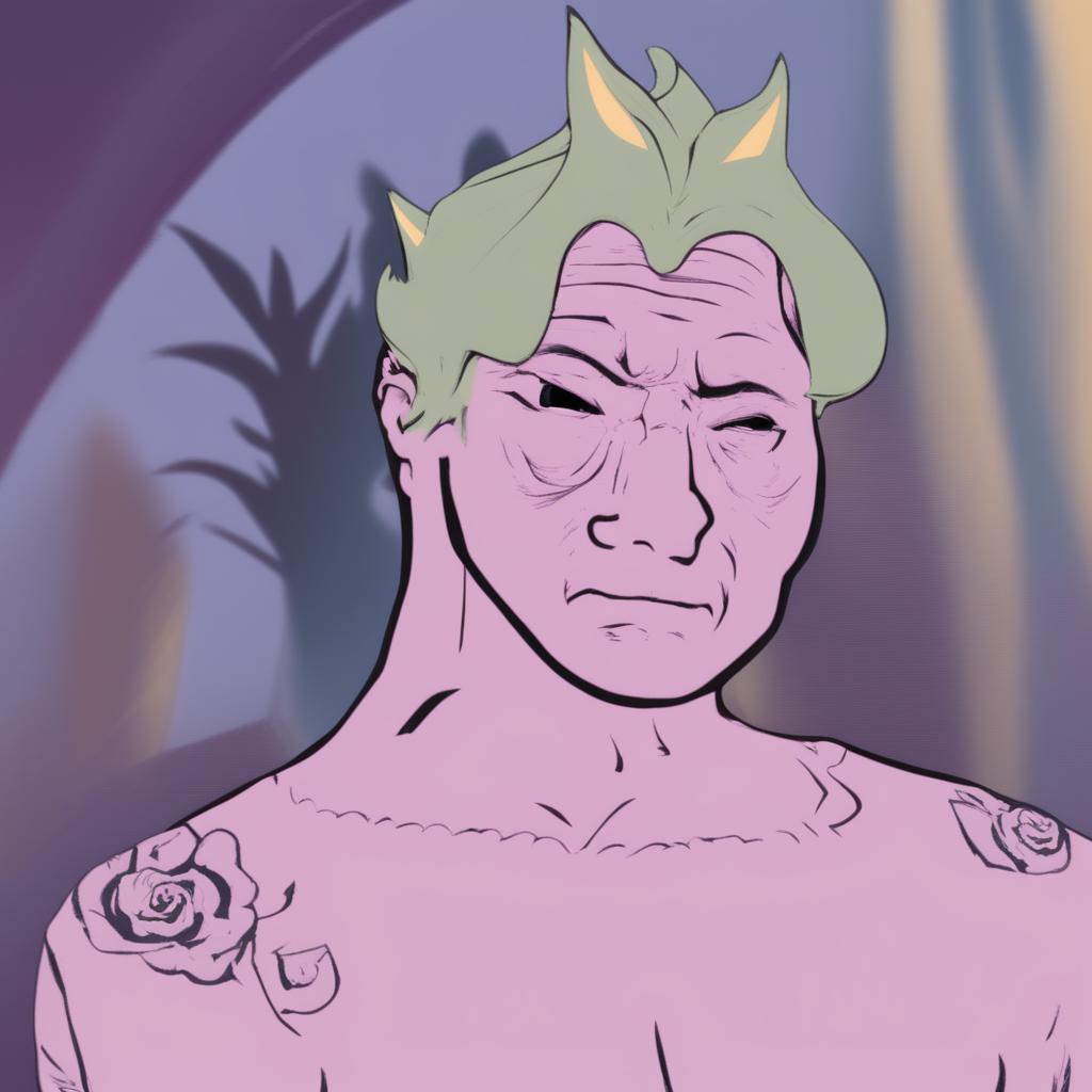 A high-quality digital art image depicting a fusion of a character from 'JoJo's Bizarre Adventure' and the meme character, Wojak