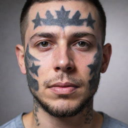 A detailed 30-year-old man's face featuring a meticulously inked tattoo. The tattoo design incorporates representations of military ranks with a hint of artistic flare.