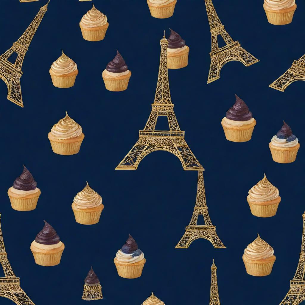 A golden silhouette of the sophisticated Eiffel Tower, surrounded by a swirl of delectable pastries, emplaced on a lush background of deep navy blue or rich burgundy, reflecting luxury.