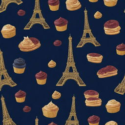 A golden silhouette of the sophisticated Eiffel Tower, surrounded by a swirl of delectable pastries, emplaced on a lush background of deep navy blue or rich burgundy, reflecting luxury.