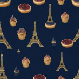 A golden silhouette of the sophisticated Eiffel Tower, surrounded by a swirl of delectable pastries, emplaced on a lush background of deep navy blue or rich burgundy, reflecting luxury.